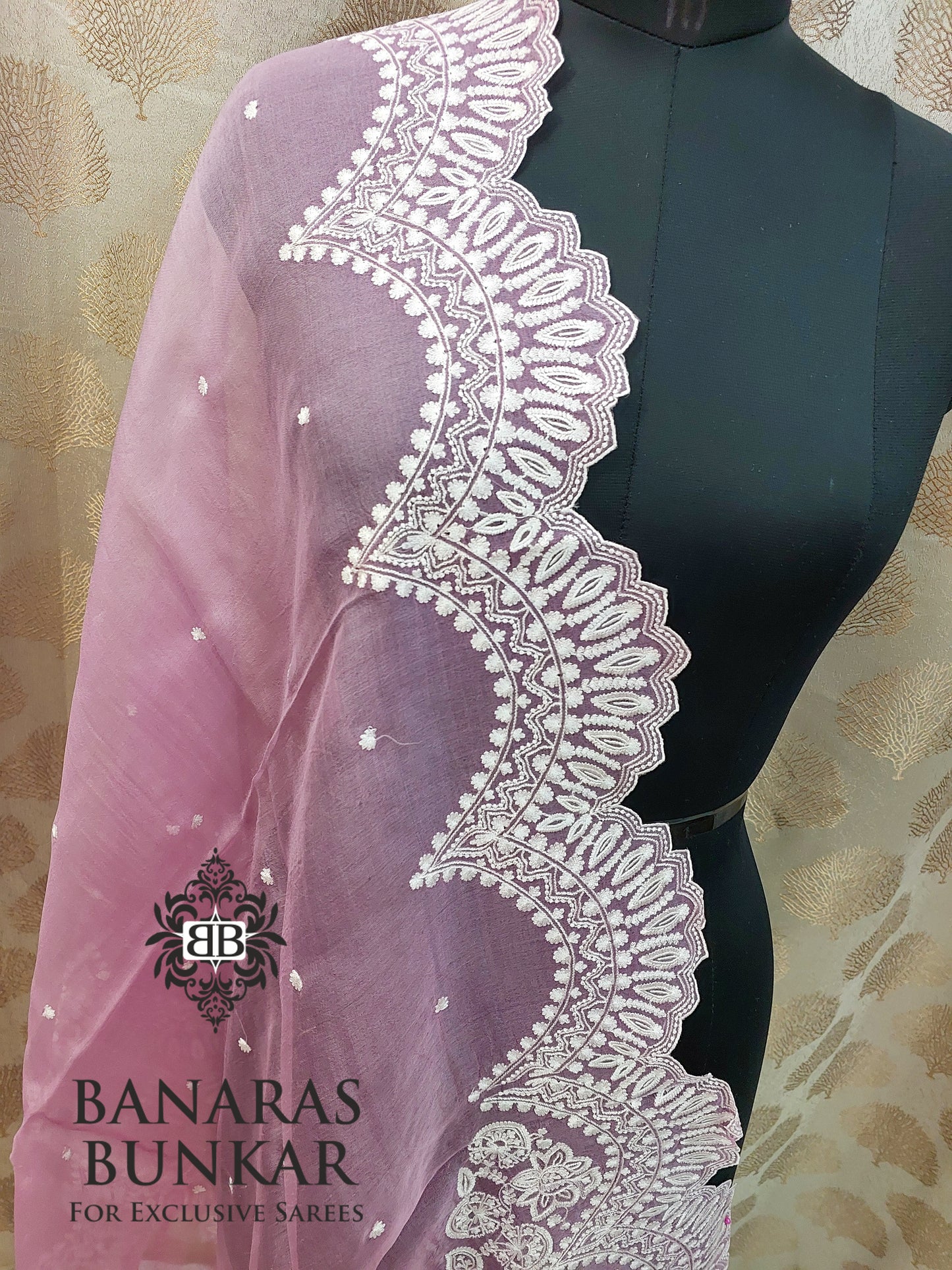 Banarasi pure chikenkari Organza silk dupatta - pink