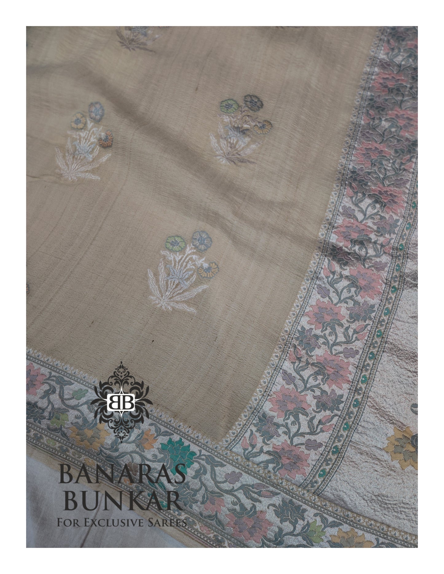 Banarasi Handloom Pure Khaddi Tussar Georgette Saree with Elegant Resham Floral Buta & Silver Zari Weaving
