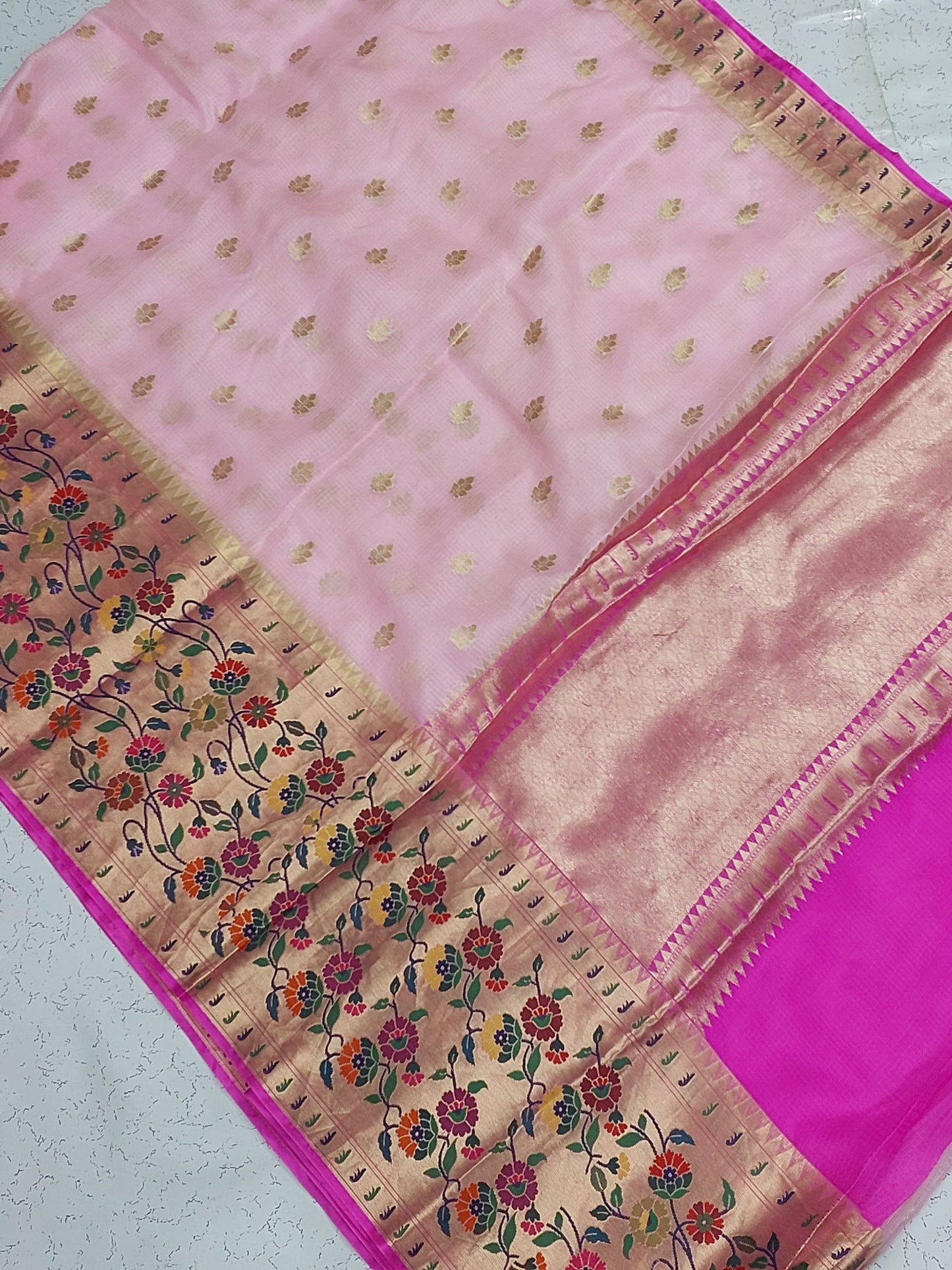 Banarasi Pure Kota Tussar silk saree with paithani skirt Border- light & Rani