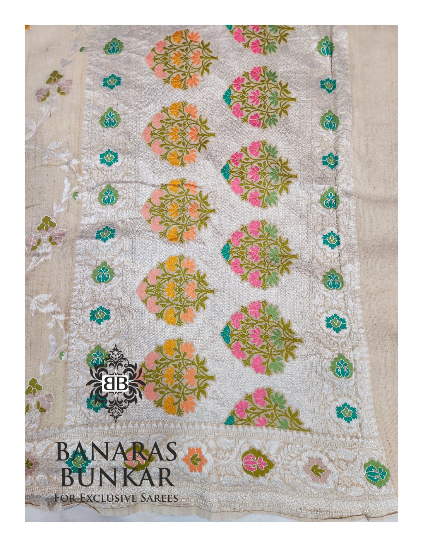 Banarasi Handloom Pure Khaddi Tussar Georgette Saree with Elegant Resham Floral Buta & silver Zari Weaving