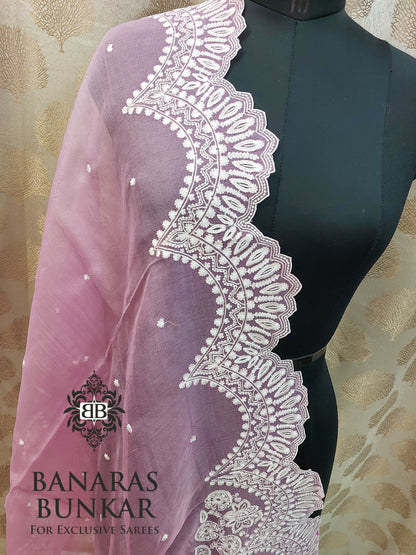 Banarasi pure chikenkari Organza silk dupatta - pink