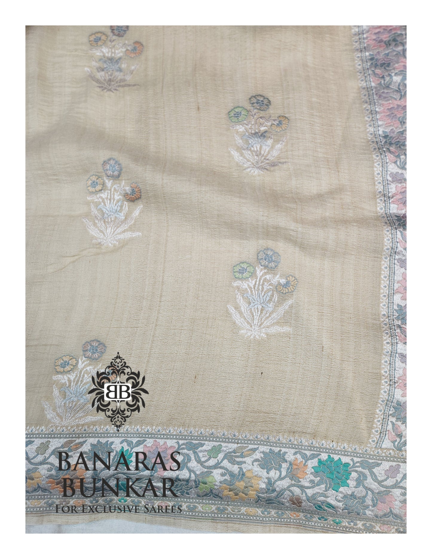 Banarasi Handloom Pure Khaddi Tussar Georgette Saree with Elegant Resham Floral Buta & Silver Zari Weaving