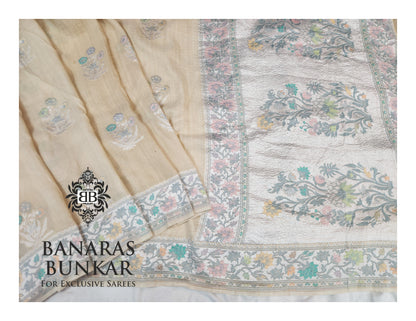 Banarasi Handloom Pure Khaddi Tussar Georgette Saree with Elegant Resham Floral Buta & Silver Zari Weaving