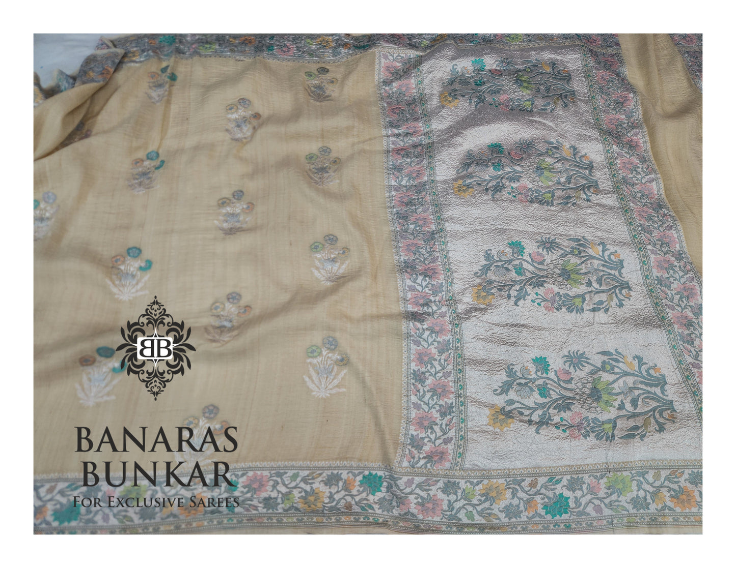 Banarasi Handloom Pure Khaddi Tussar Georgette Saree with Elegant Resham Floral Buta & Silver Zari Weaving