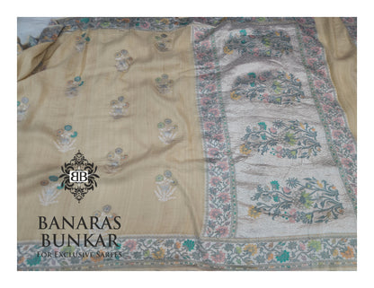 Banarasi Handloom Pure Khaddi Tussar Georgette Saree with Elegant Resham Floral Buta & Silver Zari Weaving