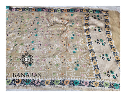 Banarasi Handloom Pure Khaddi Tussar Georgette Saree with Elegant Resham Floral Buti & Silver Zari Weaving