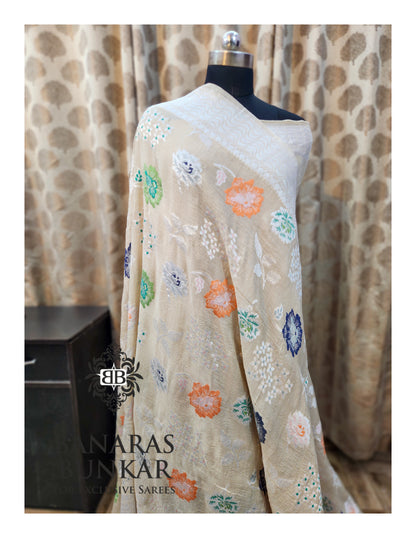 Banarasi Handloom Pure Khaddi Tussar Georgette Saree with Elegant Resham Floral Buti & Silver Zari Weaving