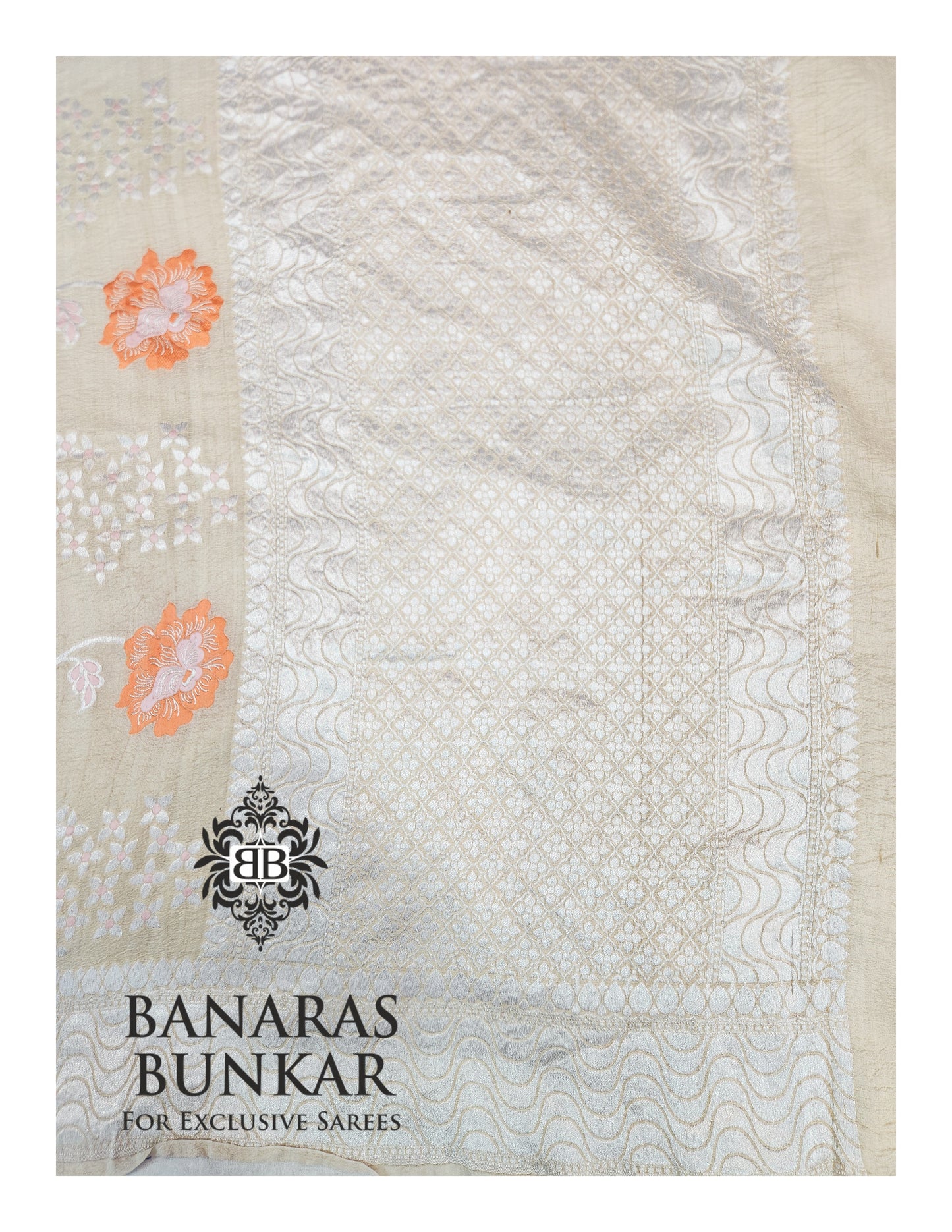 Banarasi Handloom Pure Khaddi Tussar Georgette Saree with Elegant Resham Floral Buti & Silver Zari Weaving
