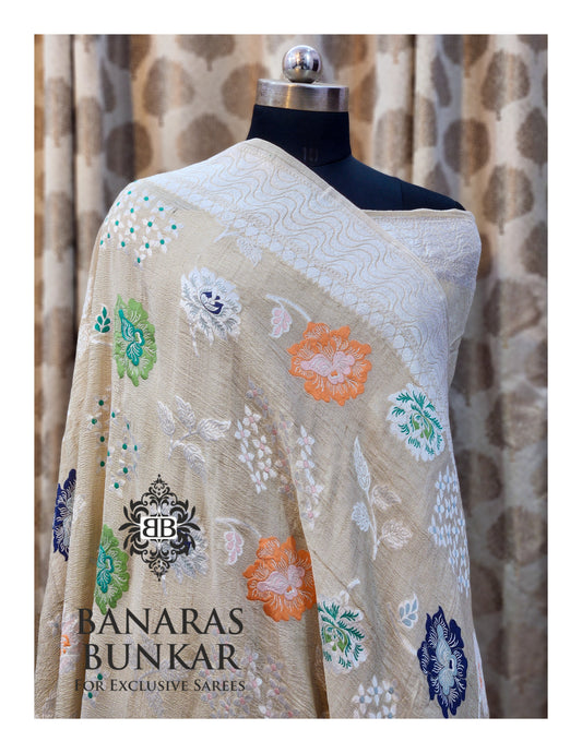 Banarasi Handloom Pure Khaddi Tussar Georgette Saree with Elegant Resham Floral Buti & Silver Zari Weaving