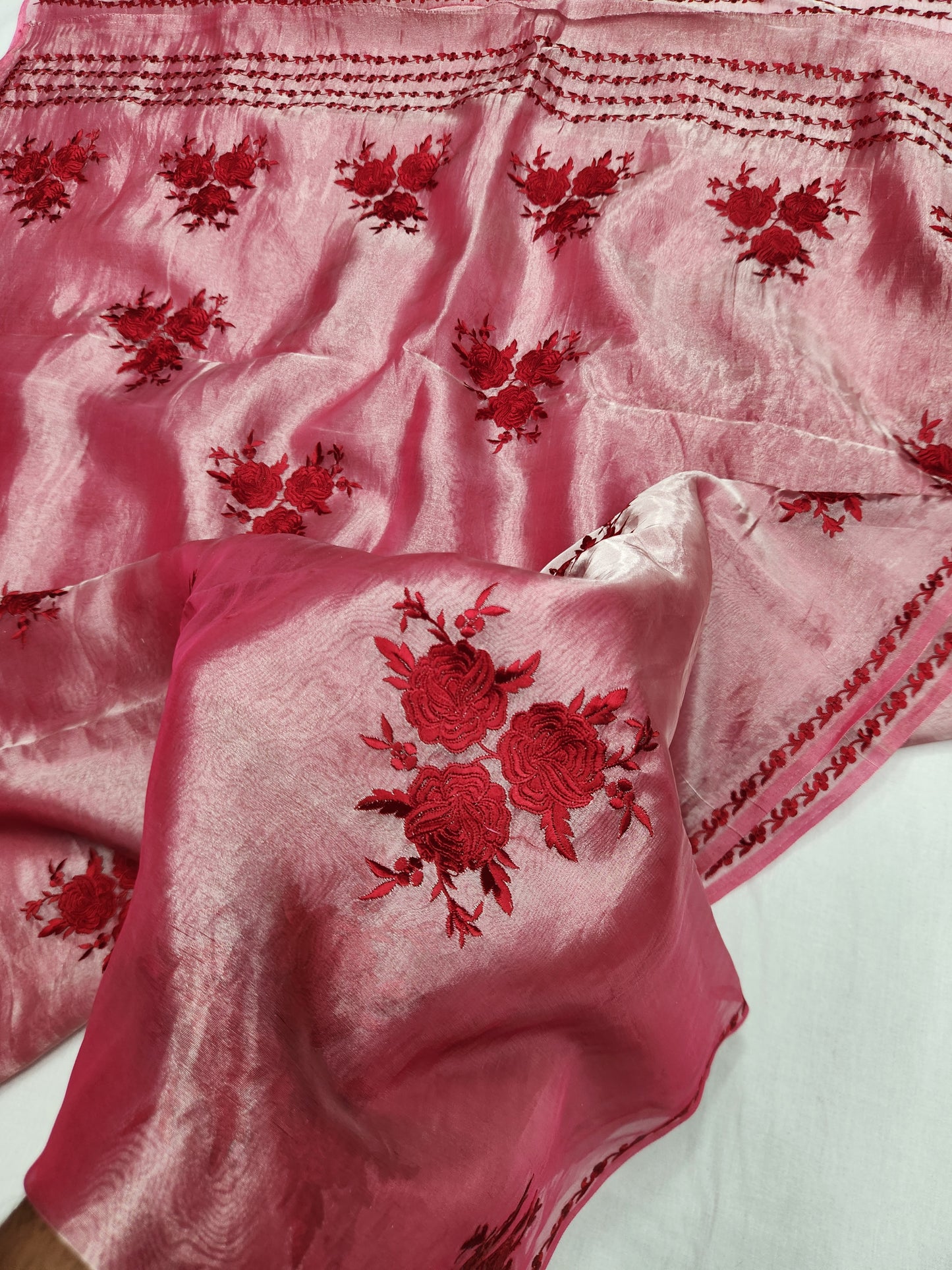 Banarasi pure Tissue chikankari silk saree - Red