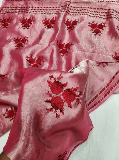 Banarasi pure Tissue chikankari silk saree - Red