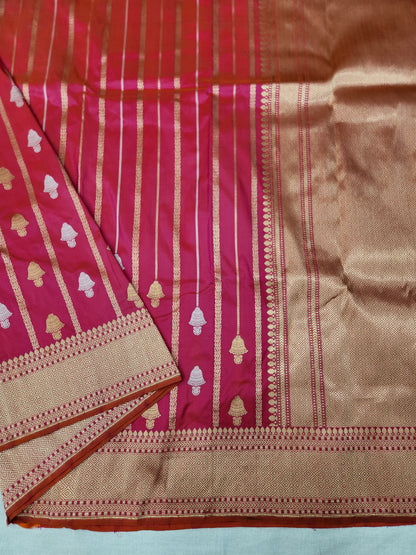 Banarasi Handloom pure kaduwa katan silk saree HandWoven - cross pink & orange