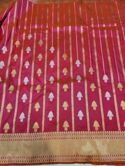 Banarasi Handloom pure kaduwa katan silk saree HandWoven - cross pink & orange