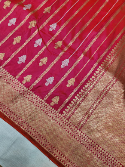 Banarasi Handloom pure kaduwa katan silk saree HandWoven - cross pink & orange