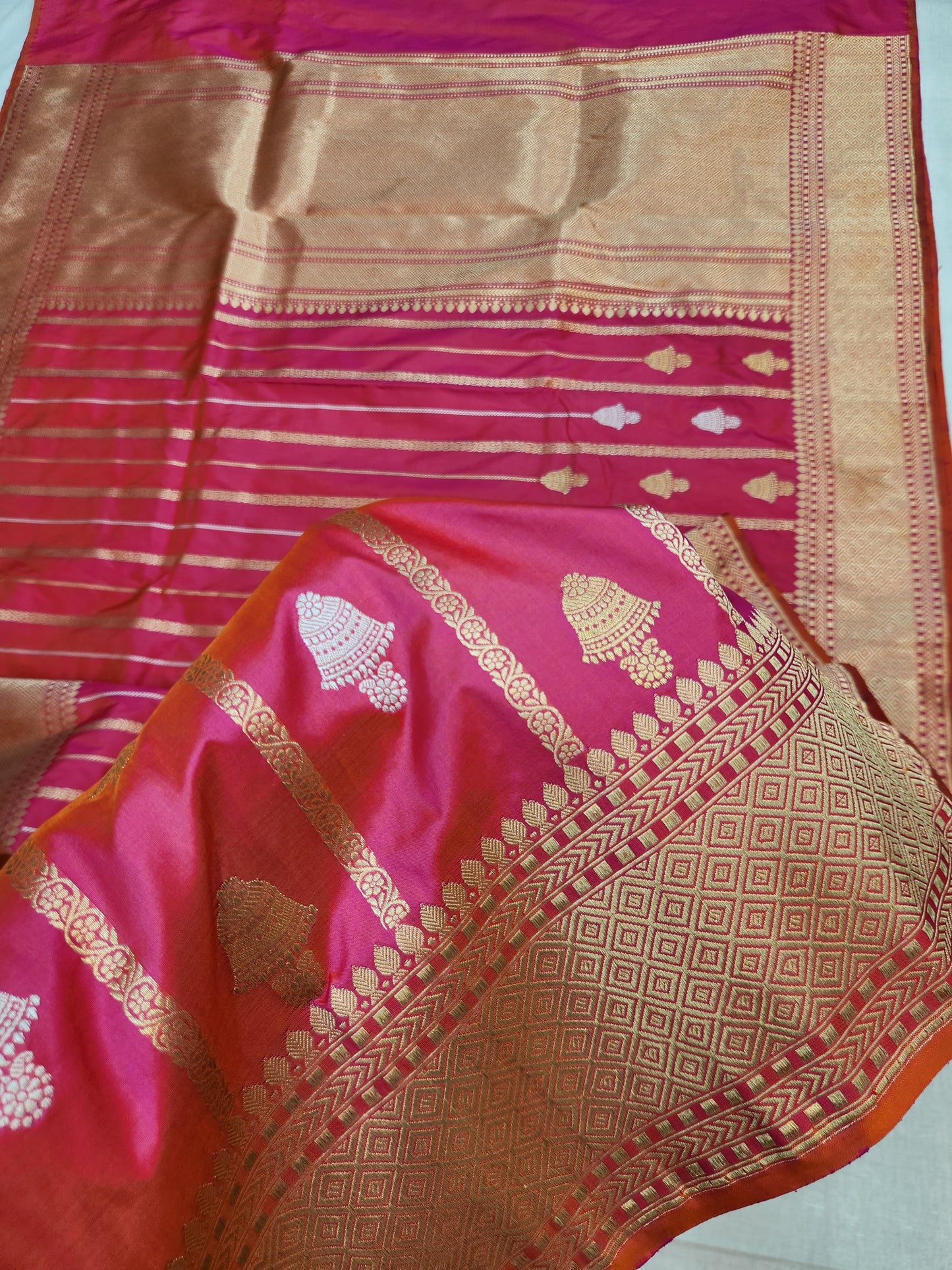Banarasi Handloom pure kaduwa katan silk saree HandWoven - cross pink & orange