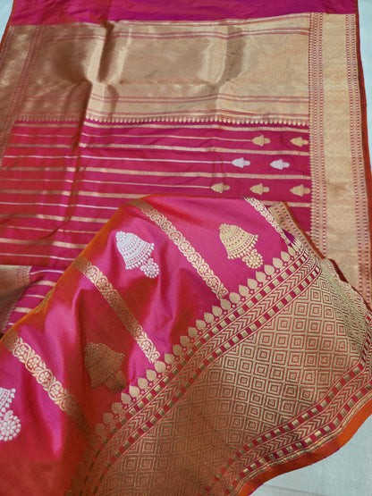 Banarasi Handloom pure kaduwa katan silk saree HandWoven - cross pink & orange