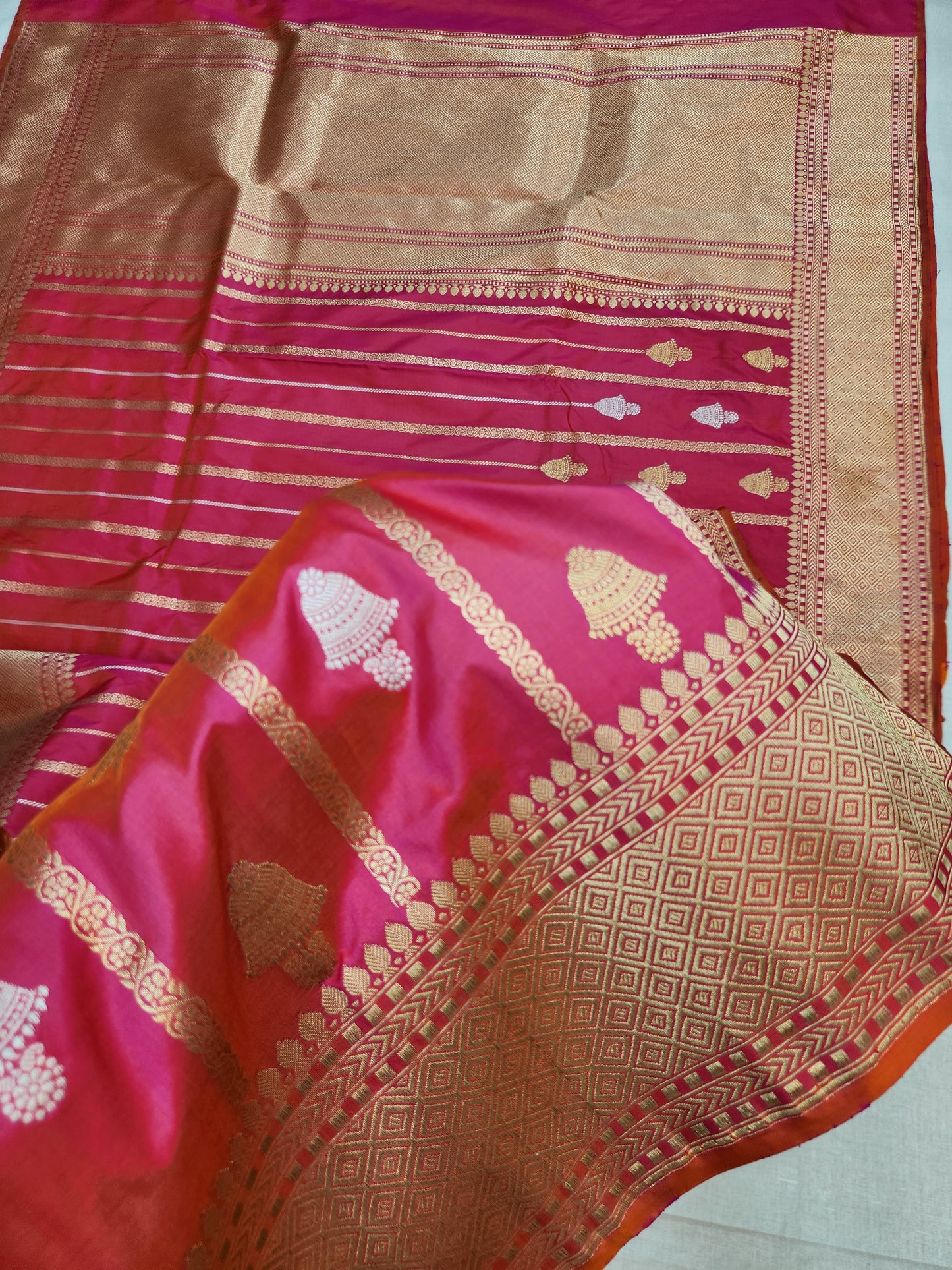 Banarasi Handloom pure kaduwa katan silk saree HandWoven - cross pink & orange