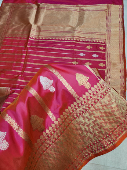 Banarasi Handloom pure kaduwa katan silk saree HandWoven - cross pink & orange
