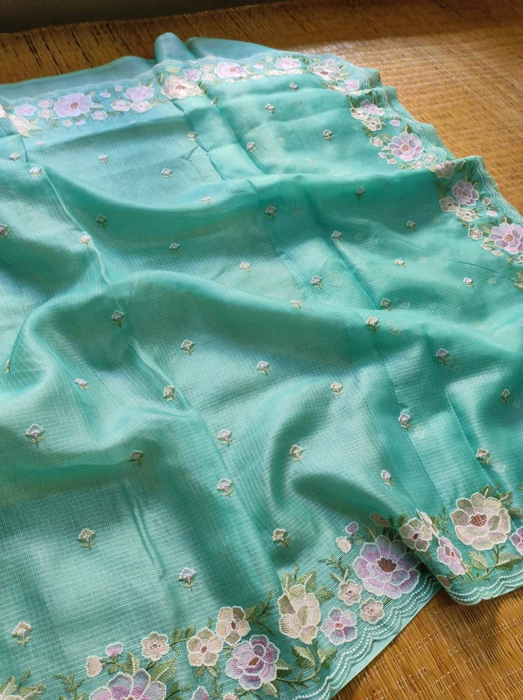 Banarasi Chikankari Pure Kota Tussar silk saree - sea green - pre order