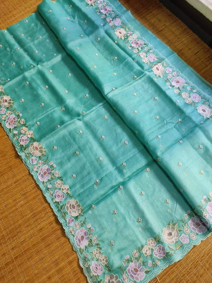 Banarasi Chikankari Pure Kota Tussar silk saree - sea green - pre order