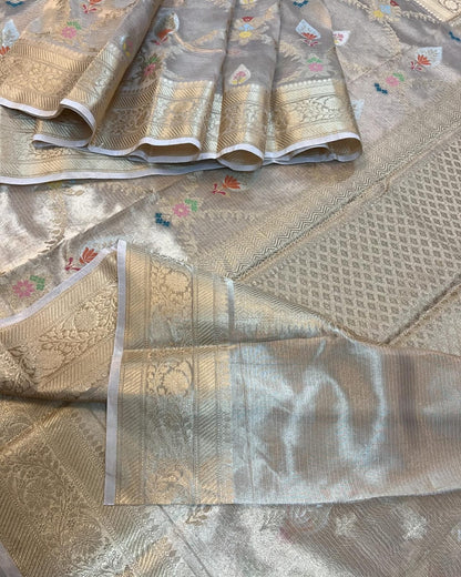 Banarasi pure Tissue Silk Saree chokdi & Meena Buta design - gold