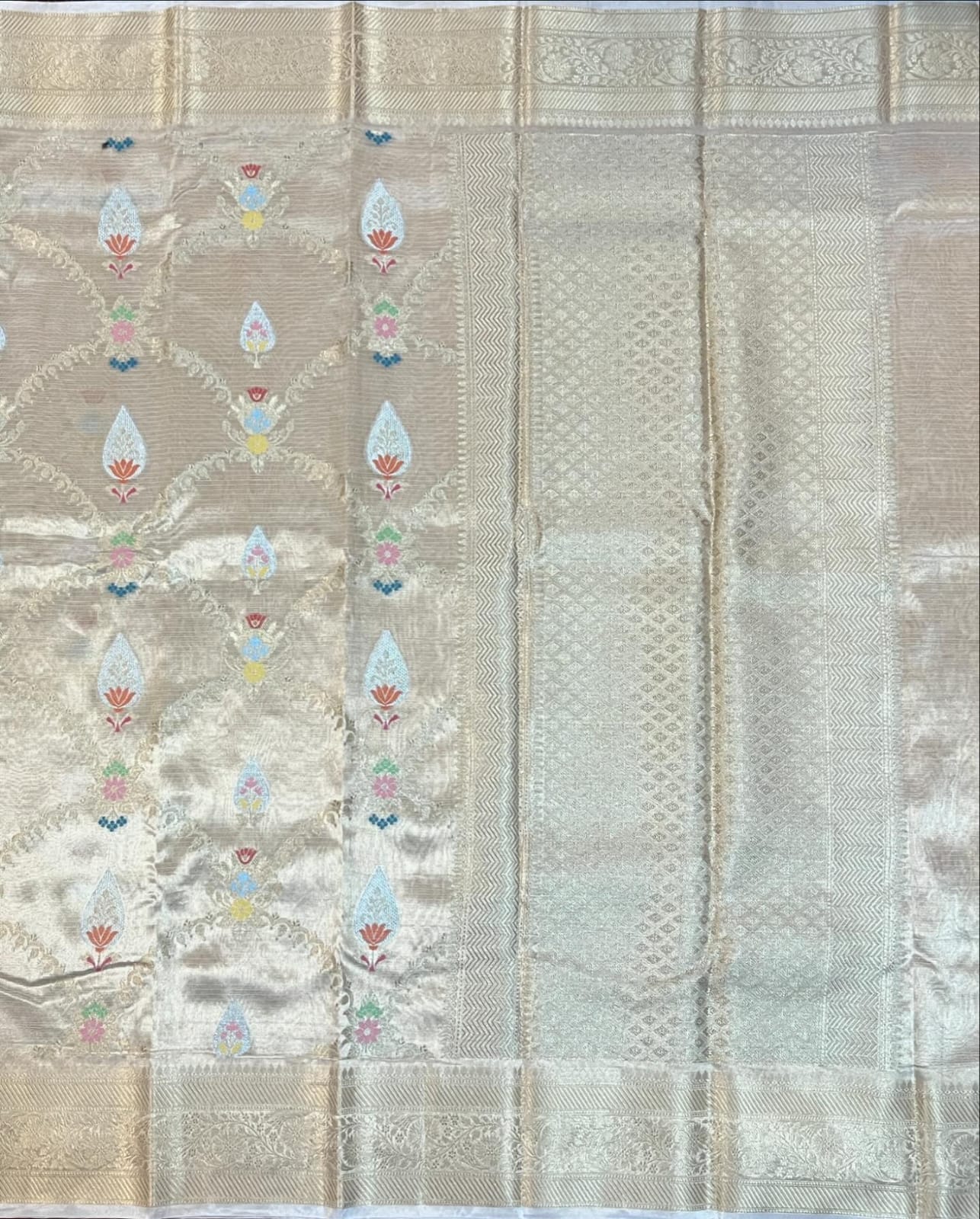 Banarasi pure Tissue Silk Saree chokdi & Meena Buta design - gold