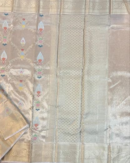 Banarasi pure Tissue Silk Saree chokdi & Meena Buta design - gold