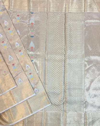 Banarasi pure Tissue Silk Saree chokdi & Meena Buta design - gold