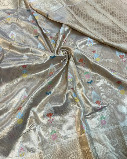 Banarasi pure Tissue Silk Saree chokdi & Meena Buta design - gold