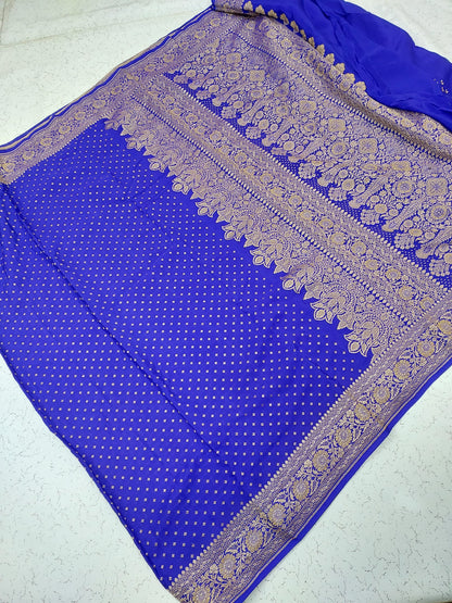 Banarasi handloom pure Khaddi Crepe Silk saree - Royal Blue