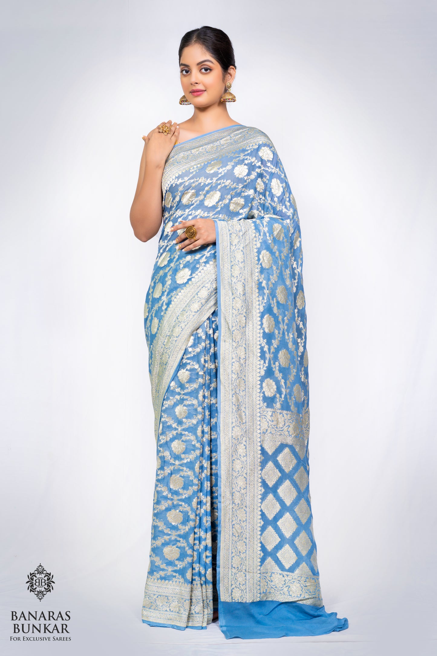 Banarasi Pure Khaddi Georgette silk saree Flower Jaal Pattern