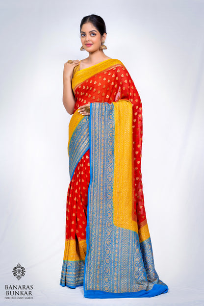 Banarasi Pure Khaddi Georgette silk saree Buti Pattern with 3D Skirt Border
