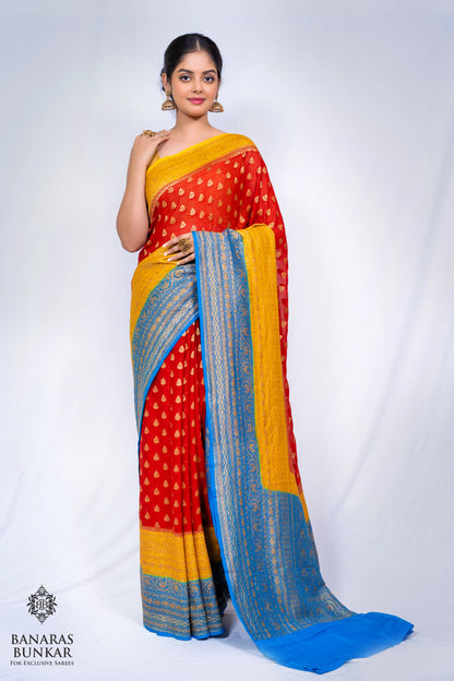 Banarasi Pure Khaddi Georgette silk saree Buti Pattern with 3D Skirt Border