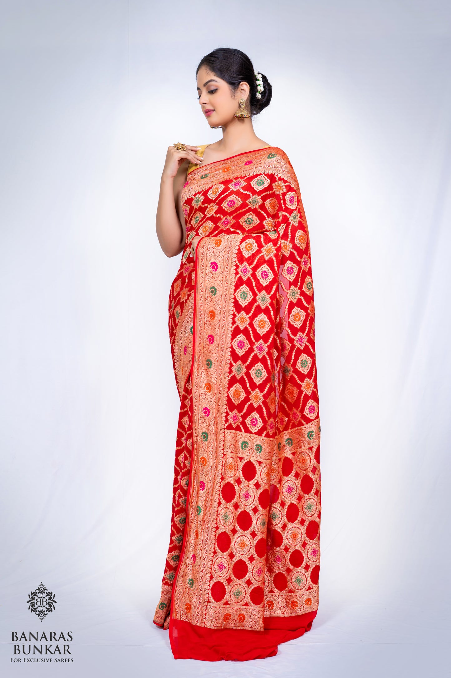 Banarasi Handloom Pure Khaddi Georgette silk saree Tilfi Meenakari Flower jaal 