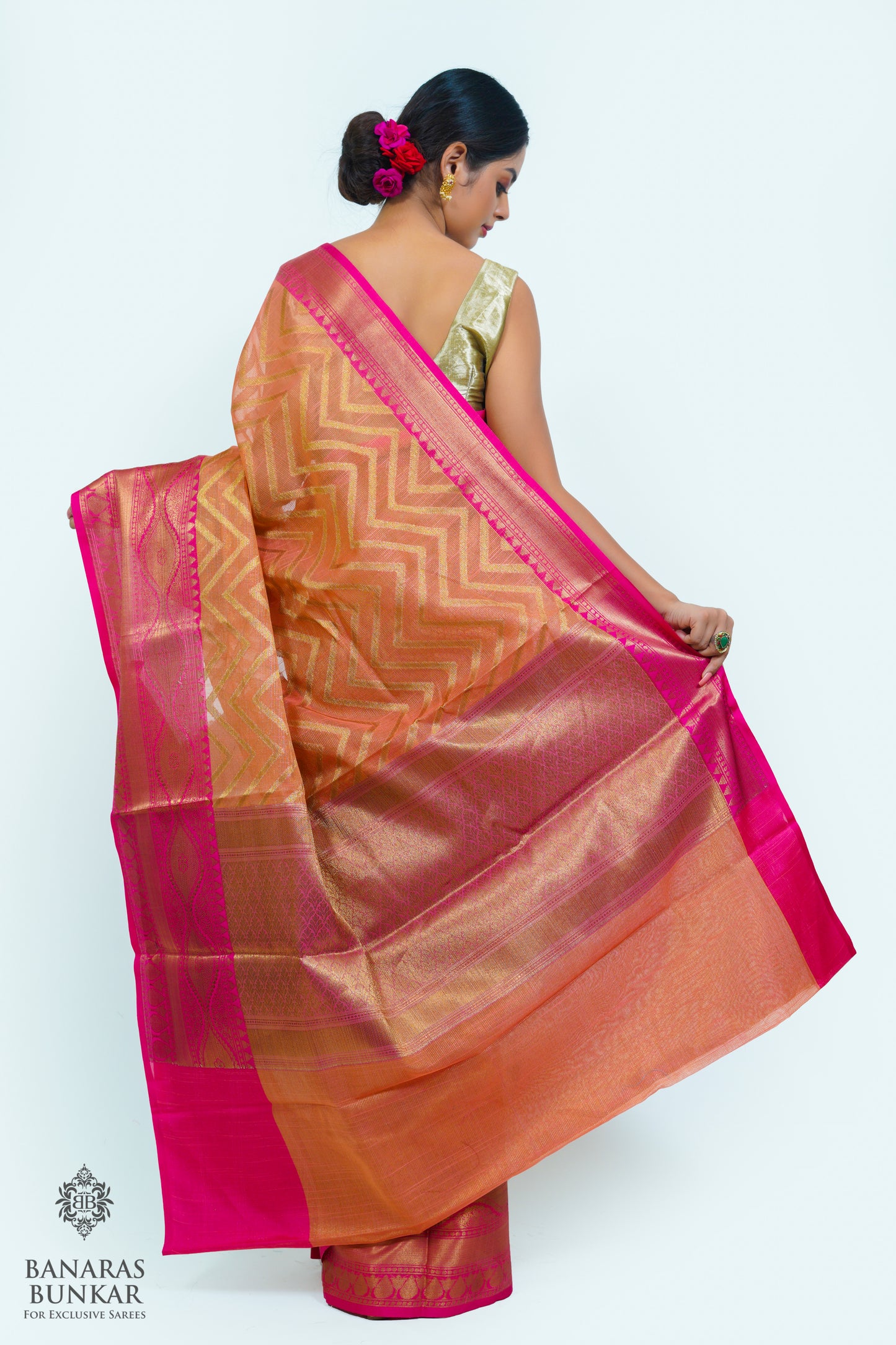 Banarasi cotton tissue silk saree allover zigzag design with contrast skirt Bord