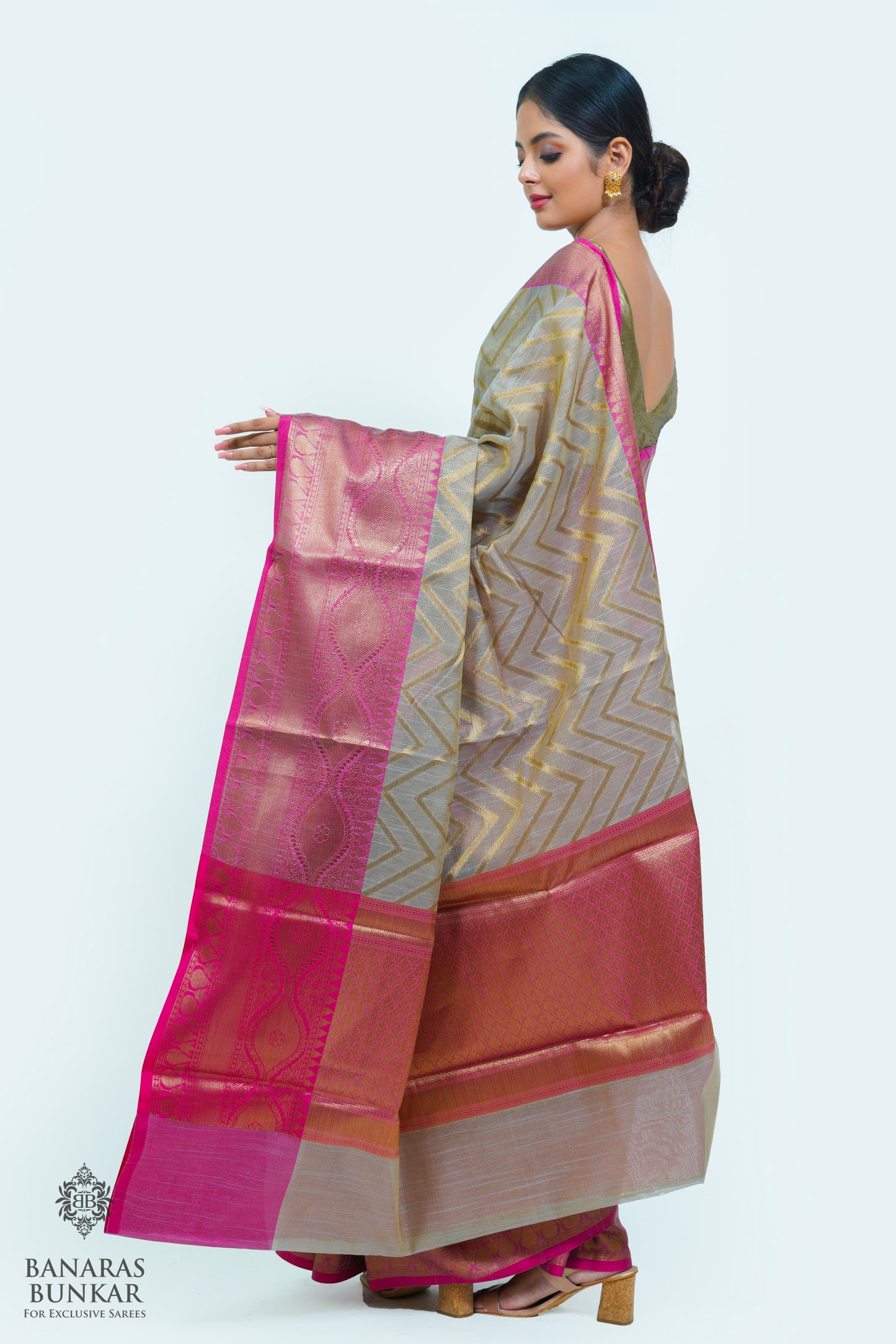 Banarasi cotton tissue silk saree allover zigzag design with contrast skirt Bord