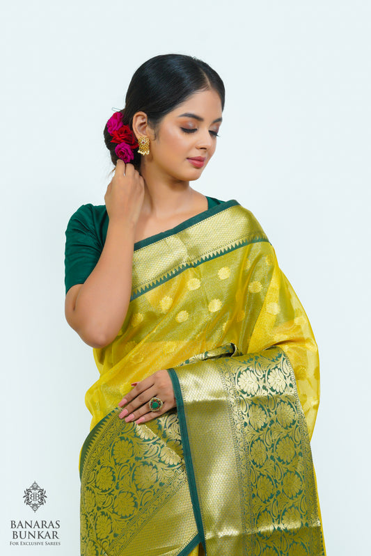 Banarasi Tissue silk saree allover Buti design with contrast skirt Border.