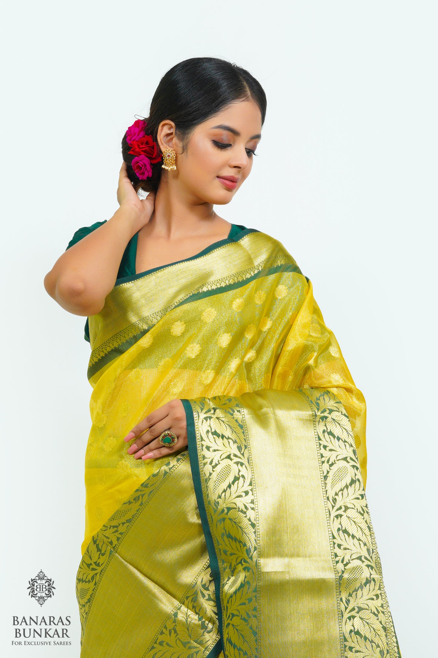 Banarasi Tissue silk saree allover Buti design with contrast skirt Border