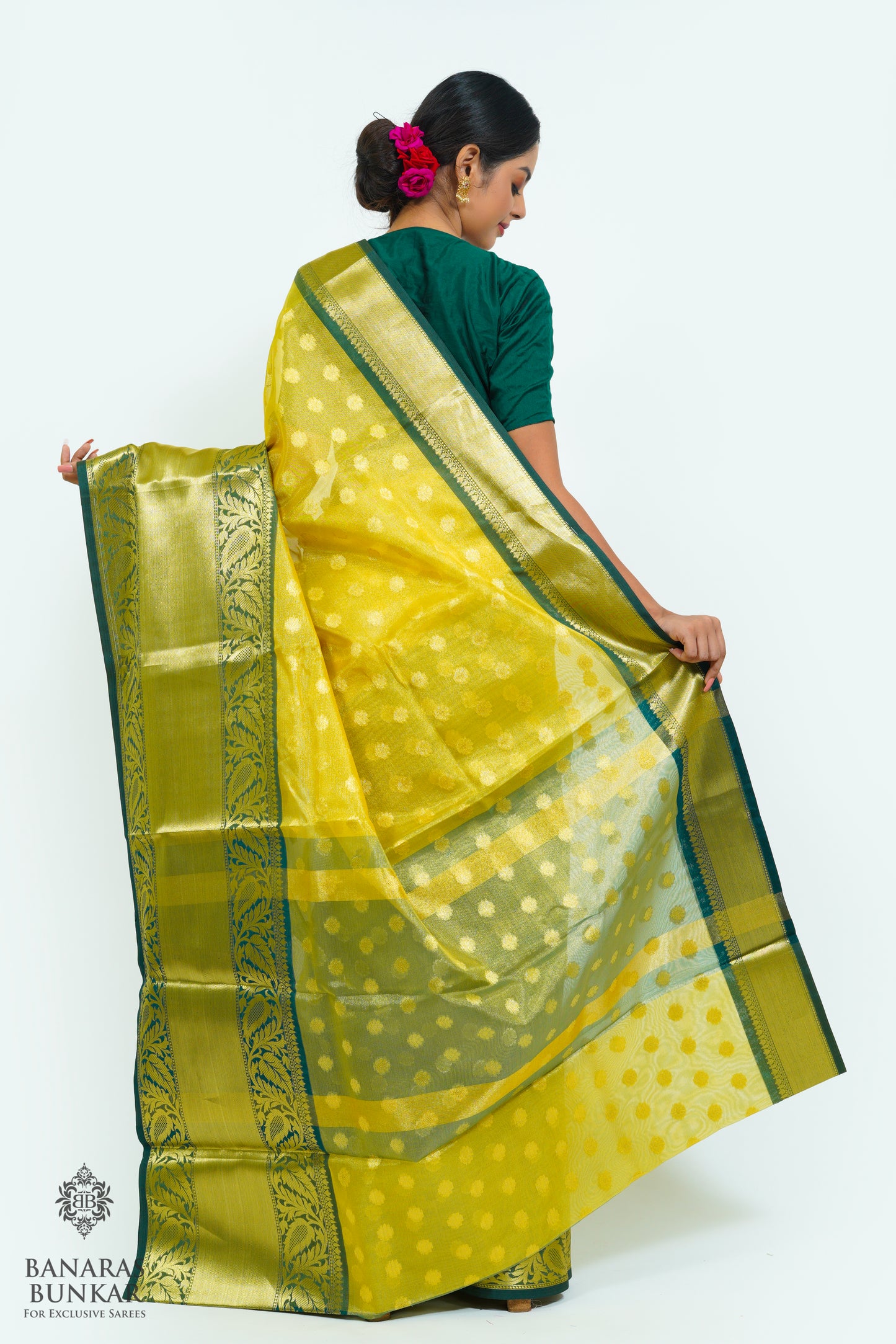 Banarasi Tissue silk saree allover Buti design with contrast skirt Border
