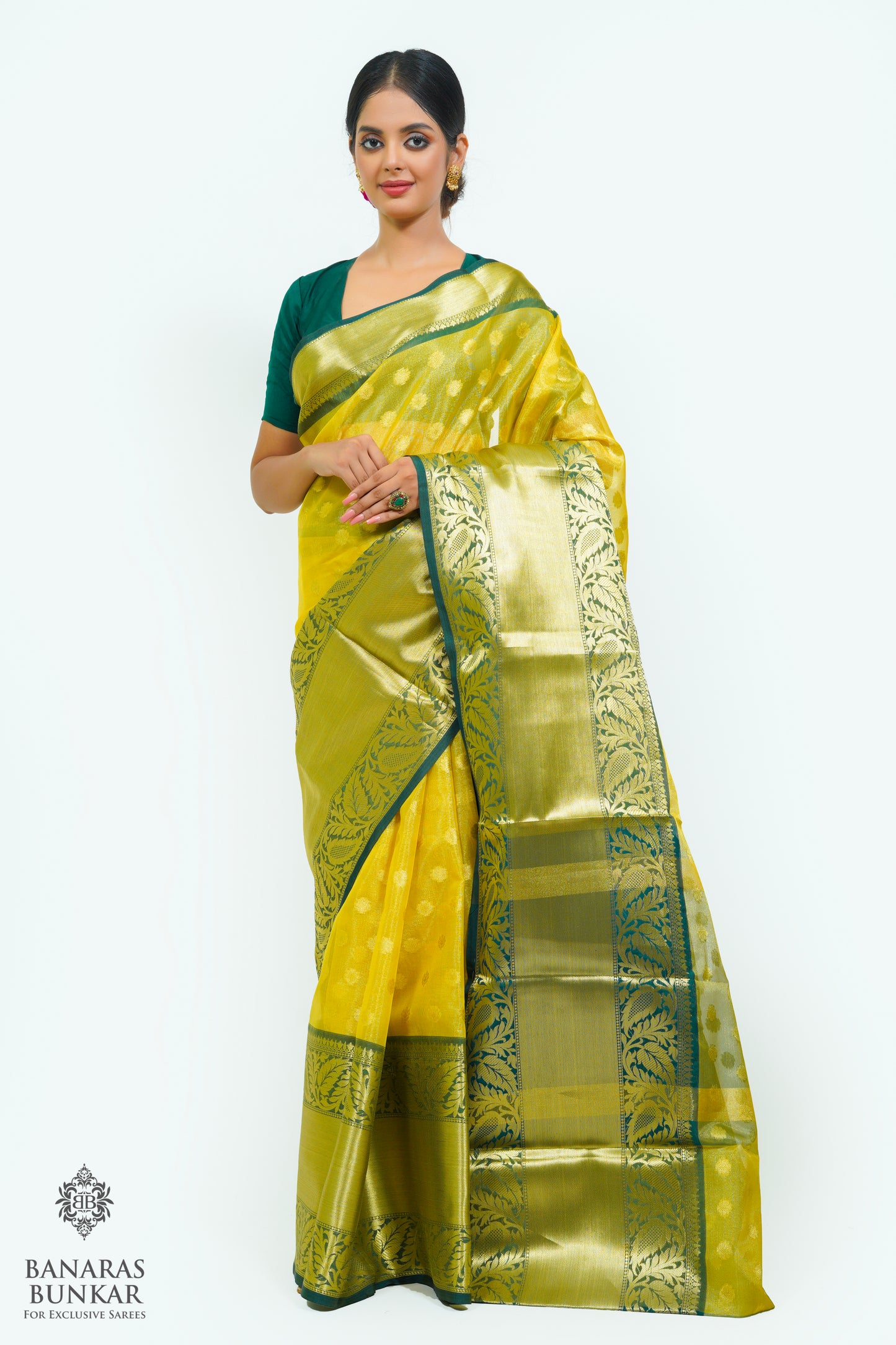 Banarasi Tissue silk saree allover Buti design with contrast skirt Border