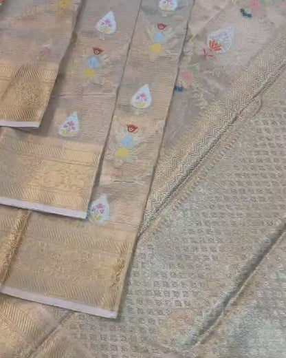 Banarasi pure Tissue Silk Saree chokdi & Meena Buta design - gold