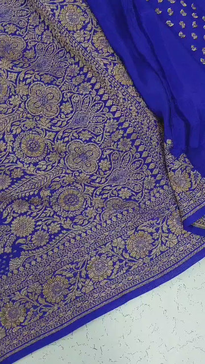Banarasi handloom pure Khaddi Crepe Silk saree - Royal Blue