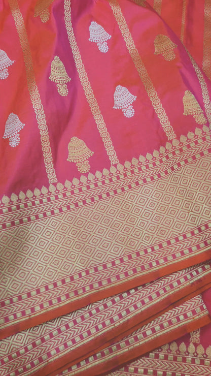 Banarasi Handloom pure kaduwa katan silk saree HandWoven - cross pink & orange