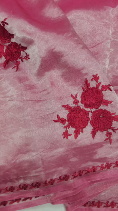 Banarasi pure Tissue chikankari silk saree - Red