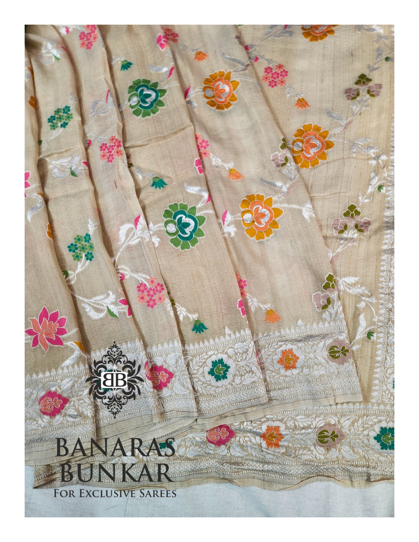 Banarasi Handloom Pure Khaddi Tussar Georgette Saree with Elegant Resham Floral Buta & silver Zari Weaving