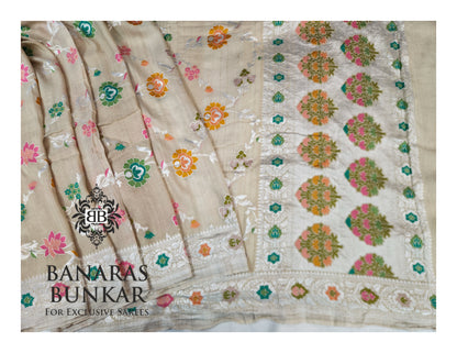 Banarasi Handloom Pure Khaddi Tussar Georgette Saree with Elegant Resham Floral Buta & silver Zari Weaving