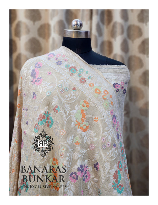 Banarasi Handloom Pure Khaddi Tussar Georgette Saree with Elegant Resham Floral Buta & Gold Zari Weaving