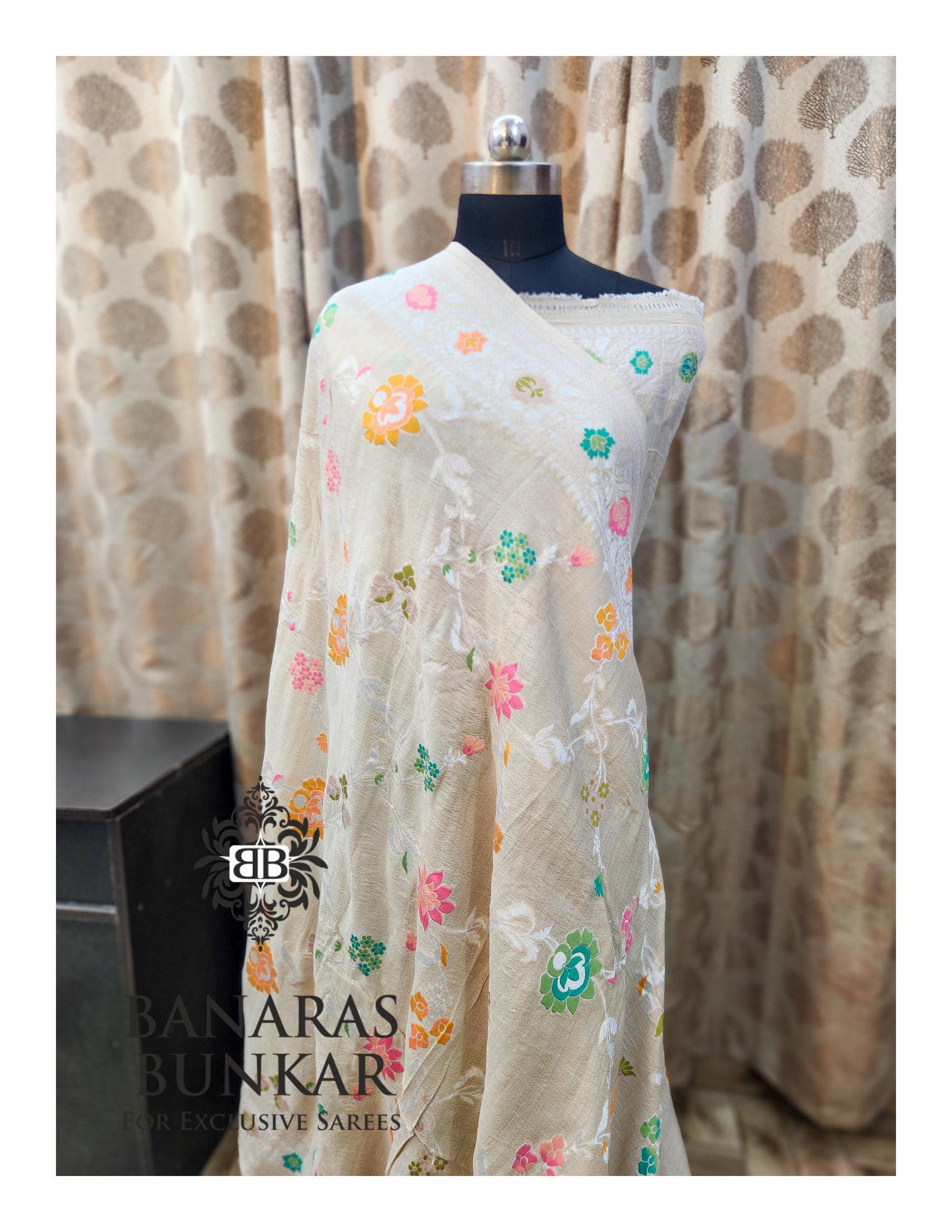 Banarasi Handloom Pure Khaddi Tussar Georgette Saree with Elegant Resham Floral Buta & silver Zari Weaving