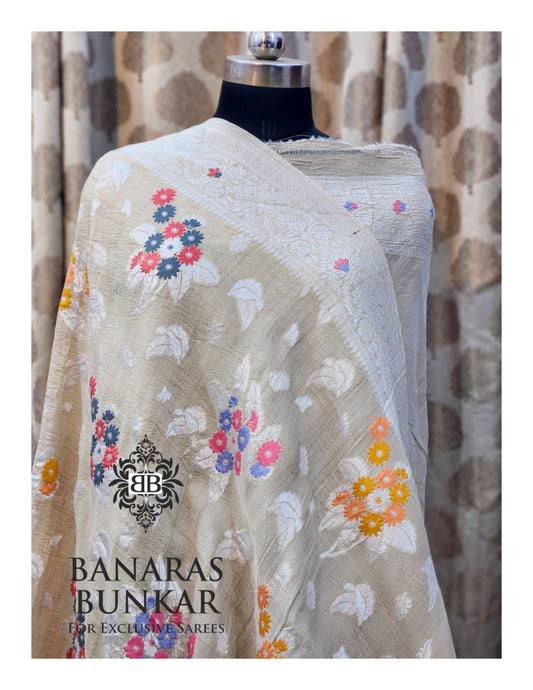 Banarasi Handloom Pure Khaddi Tussar Georgette Saree with Elegant Resham Floral Buti & Silver Zari Weaving