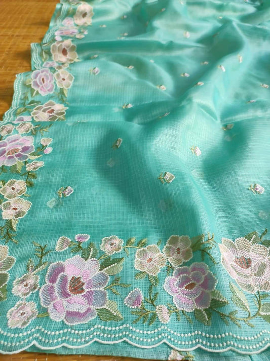 Banarasi Chikankari Pure Kota Tussar silk saree - sea green - pre order